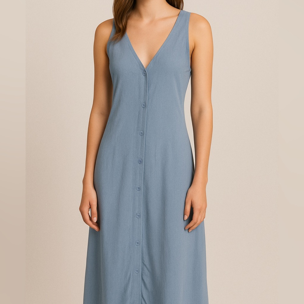 Sleeveless Denim Blue Button-Down Maxi Summer Dress, M